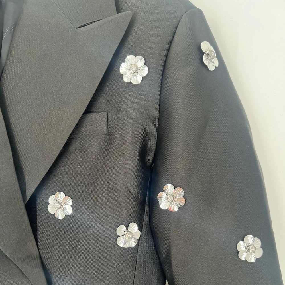 Sandro Flower Floral 3D Embellished Cropped Double Breasted Blazer Satin Jacket - Picture 4 of 9